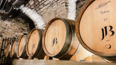 Oak barrels resting in the cellar